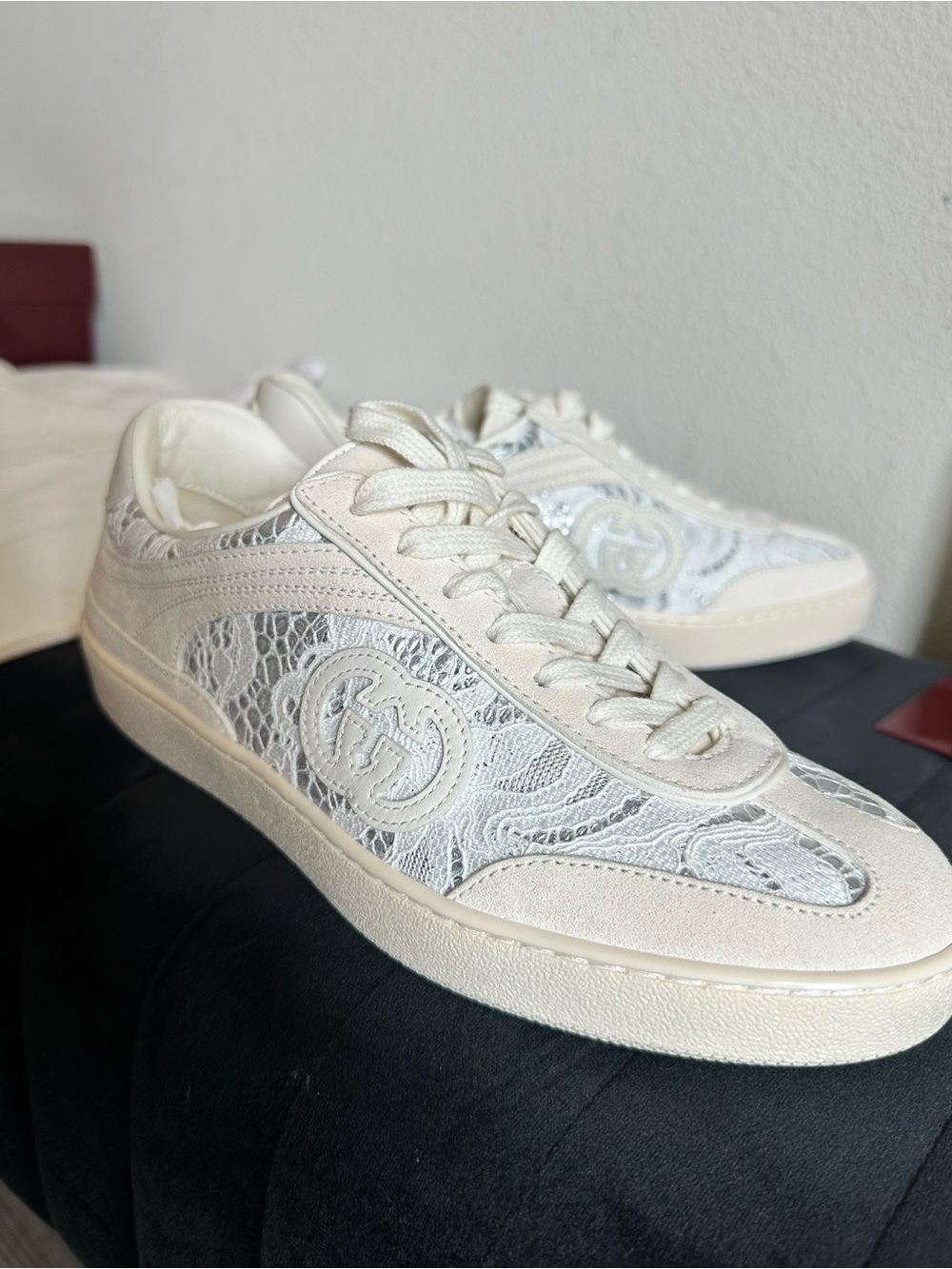 Gucci Cream and Silver Lace Ace Sneakers